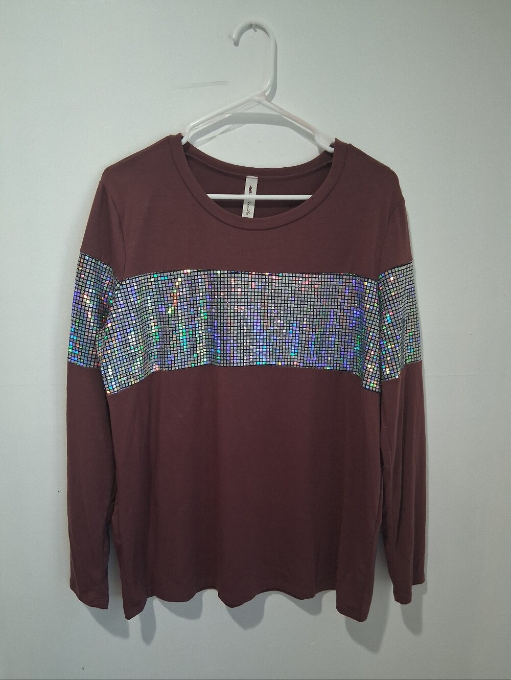 Vanila Bay Women’s Long-Sleeve Maroon Top with Holographic Panel 1XL